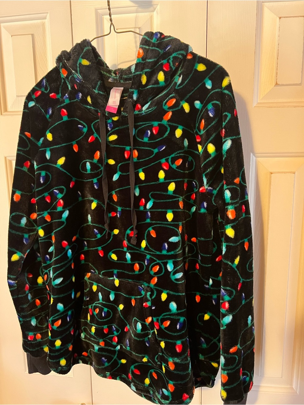 Holiday lights Black Plush Hoodie Jacket with Multicolor Light Print